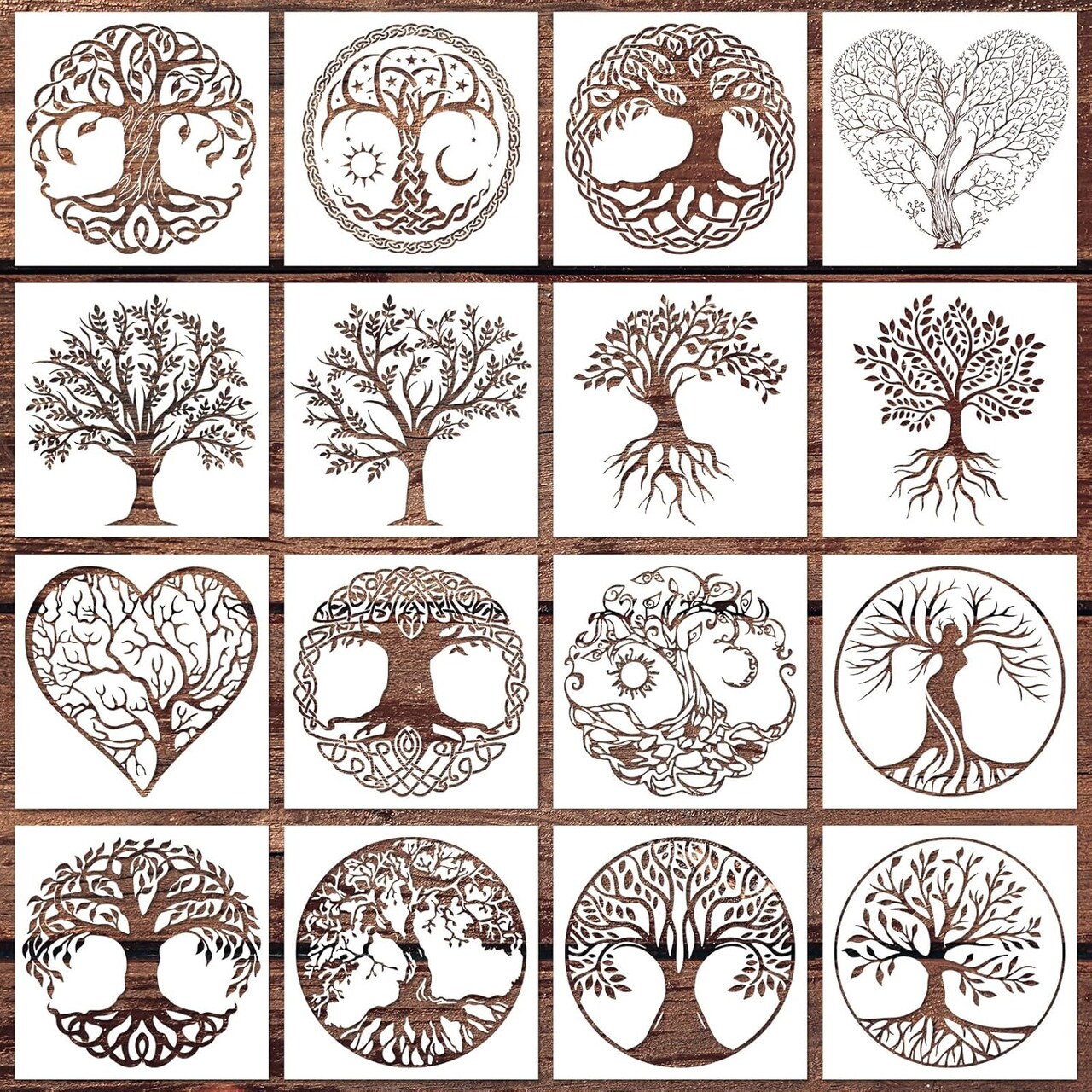 16PCS Tree of Life Painting Stencils Set – 6×6 Inch Reusable Layering Templates for Wood, Wall, Window, Floor, Scrapbooking, Card Making & DIY Art Decor